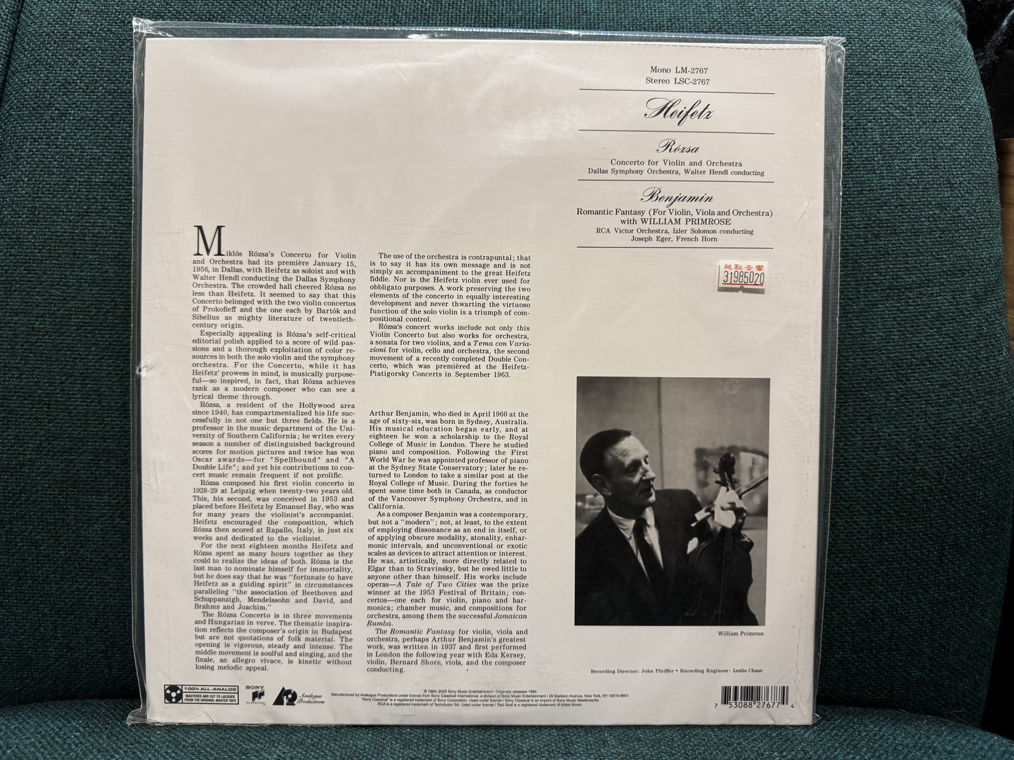 【TAS榜單發燒名盤】海飛茲 Heifetz - 羅沙:小提琴協奏曲 / 班傑明:浪漫幻想曲 (45轉2LP頂級重刻版):圖片 2